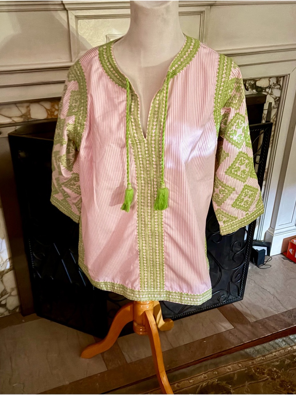 Gretchen Scott Designs Pink Tunic with Green Embroidery